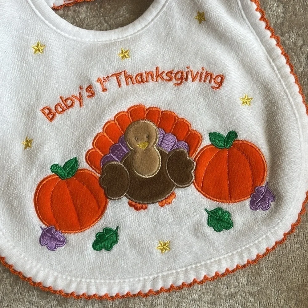 Brand New Set of 2 Cloth Baby Bibs Orange Halloween Thanksgiving Turkey Pumpkin